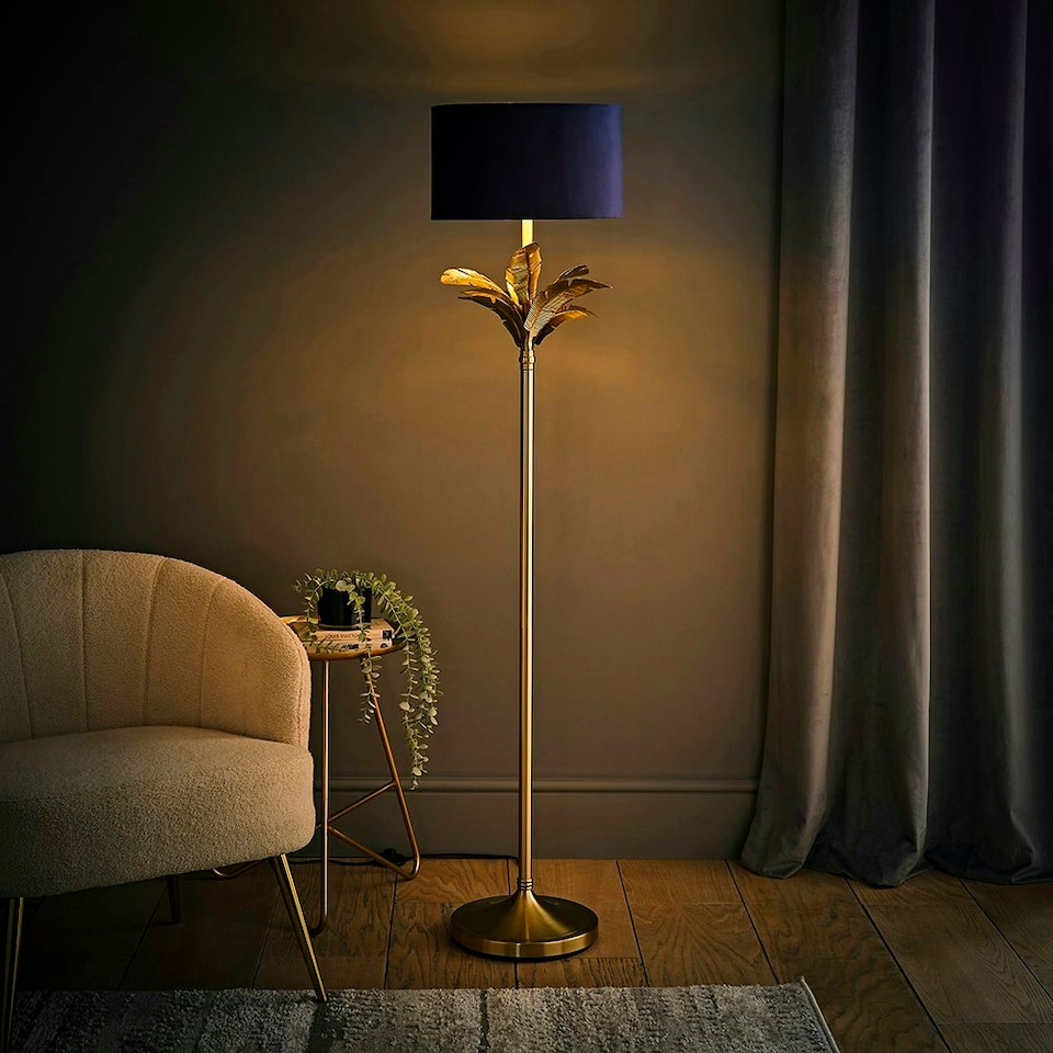 image 1 of ValueLights Christina Navy Blue Velvet with Gold Inner Drum Shade Gold Palm Leaf Floor Lamp Gold