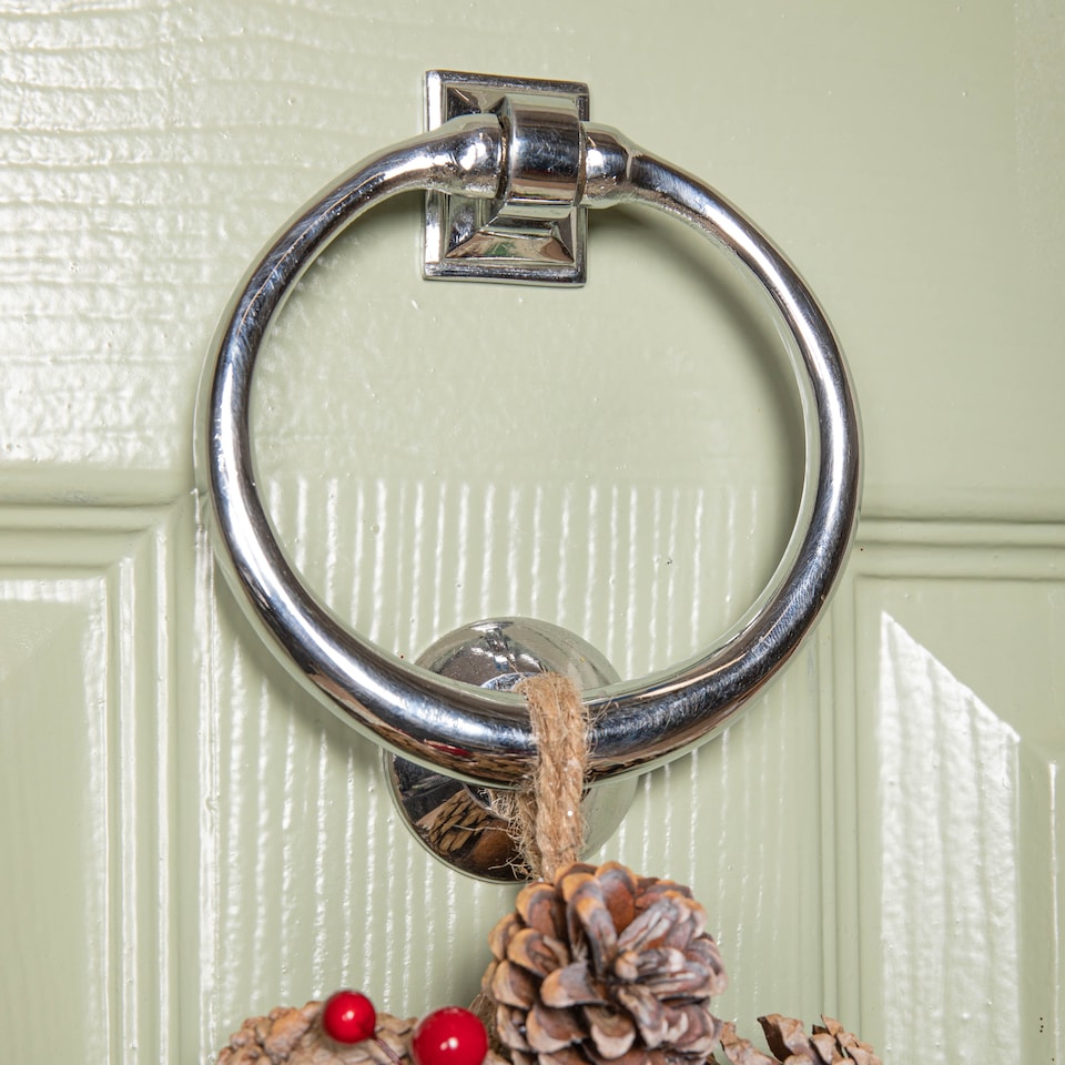 image 1 of 45cm Frosted Hanging Christmas Star Wreath with Red Jingle Bells & Wooden Stars