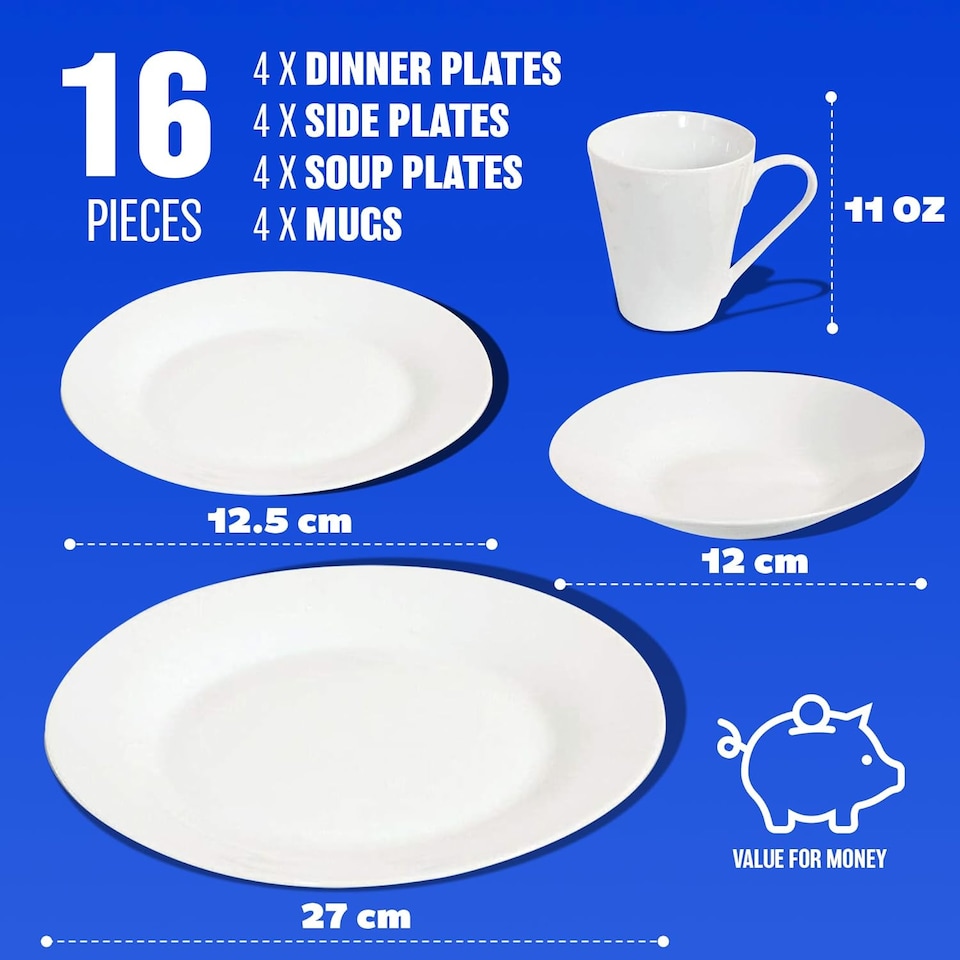 image 1 of 16 Piece Dinner Set Plain White Dinnerware Plates Mugs Home Tableware