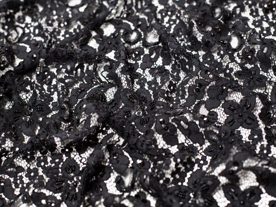 Minerva Core Range Black Annabel Beaded Lace Fabric for Bridal, Dressmaking, 145cm / 57" Wide - per metre