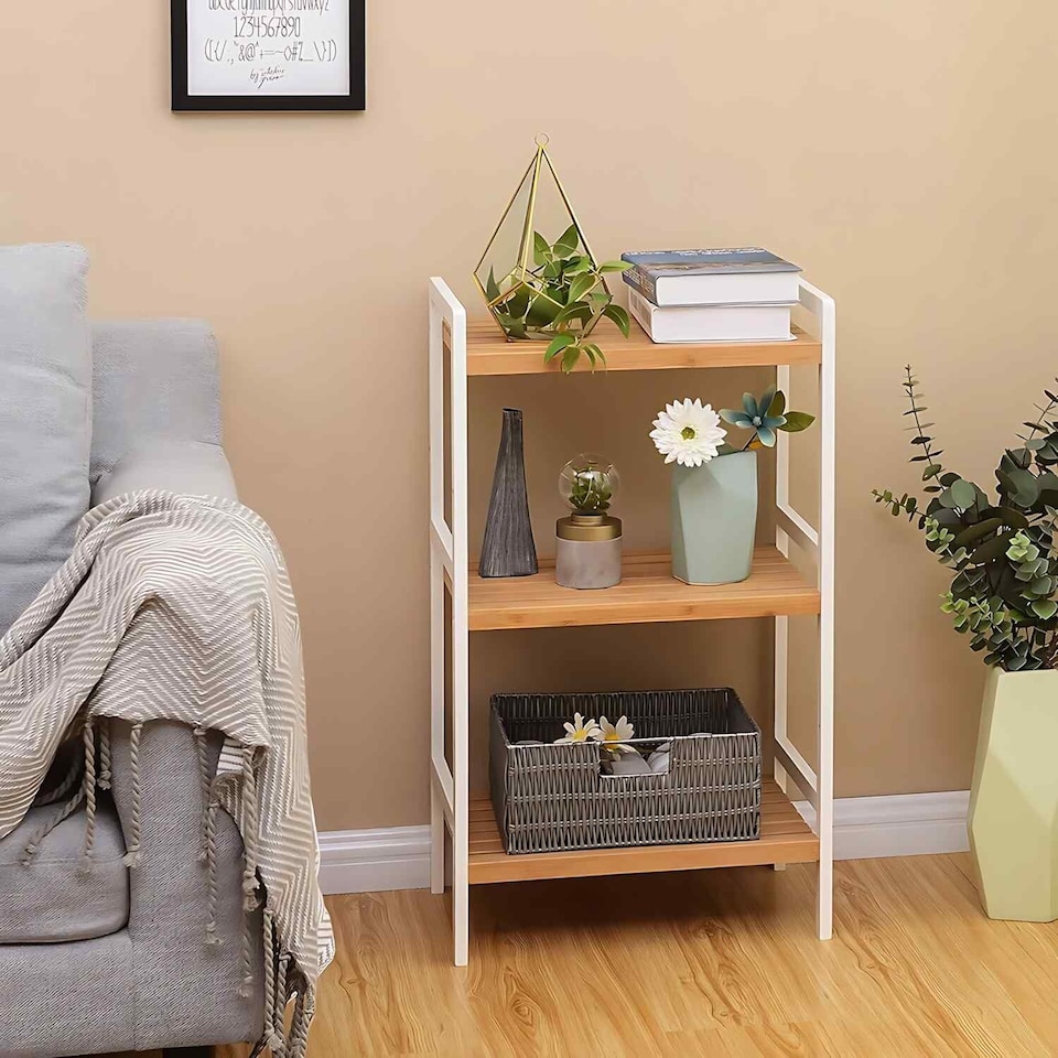 image 1 of Bamboo Storage Shelf with 3 Tiers, Multipurpose Organiser for Bathroom, Kitchen and Bedroom, Natural and White