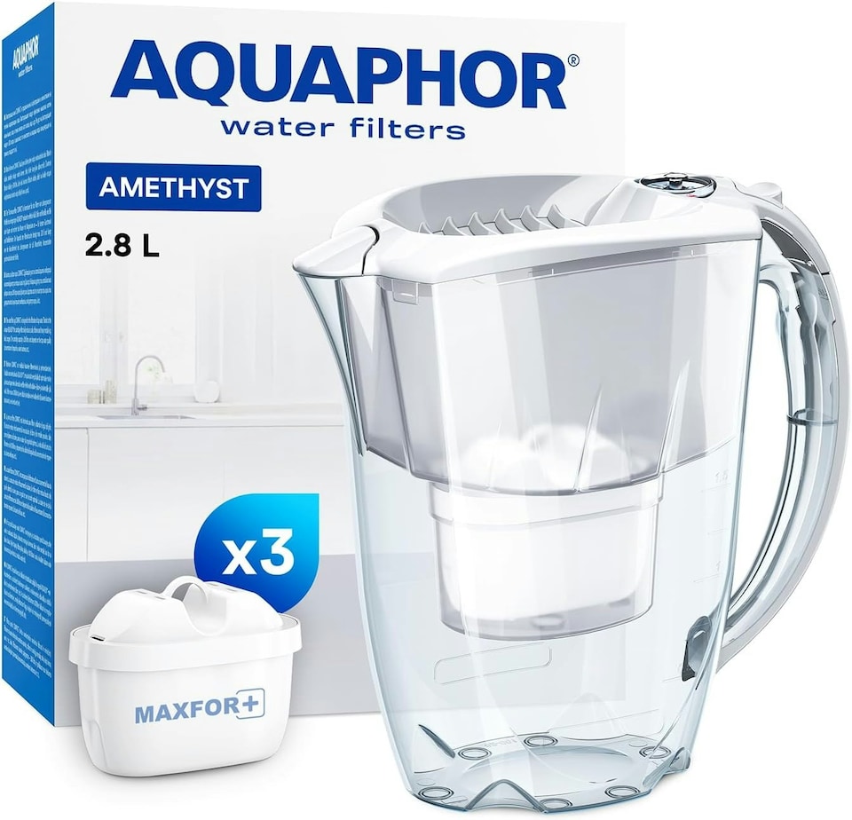 image 1 of AQUAPHOR 2.8 Litre Amethyst Water Filter Jug in White with 3 x Maxfor+ filter