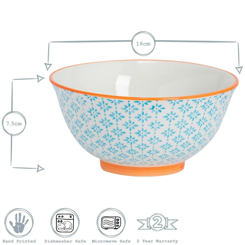 image 1 of Nicola Spring Hand-Printed Cereal Bowls - 16cm - Blue - Pack of 6 Multi