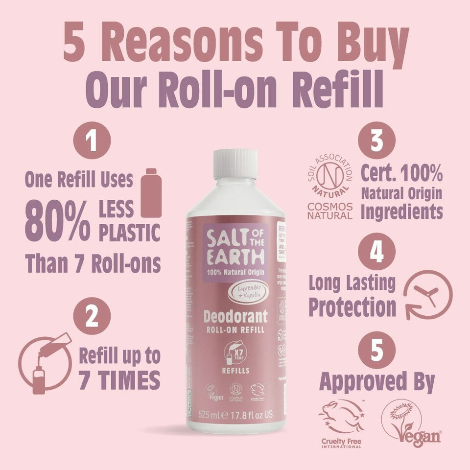 image 1 of Salt of the Earth Natural Deodorant Roll on Refill  x7 Uses Lavender & Vanilla Natural Origin Ingredients Vegan 525ml