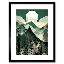 Full Moon Over Mountain Forest Mid Century Sage Green 9x7" Black Framed Wall Art Print