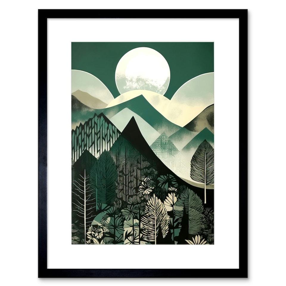 image 1 of Full Moon Over Mountain Forest Mid Century Sage Green 9x7" Black Framed Wall Art Print