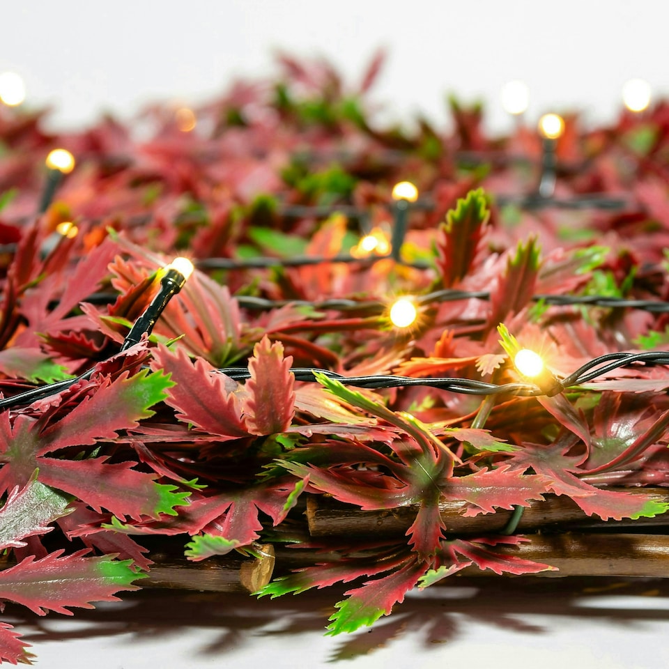 image 1 of Primrose Extendable Artificial Red Acer Screening Trellis with LEDs W2m x H1m