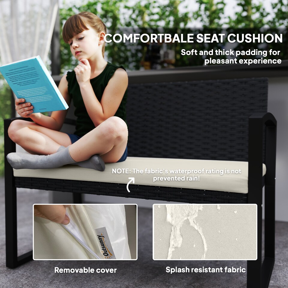 image 1 of Outsunny 2 Seater Rattan Garden Bench, Outdoor Bench with Cushion, PE Wicker Garden Loveseat with Armrests, Galvanised Steel Frame for Patio, Park, Black