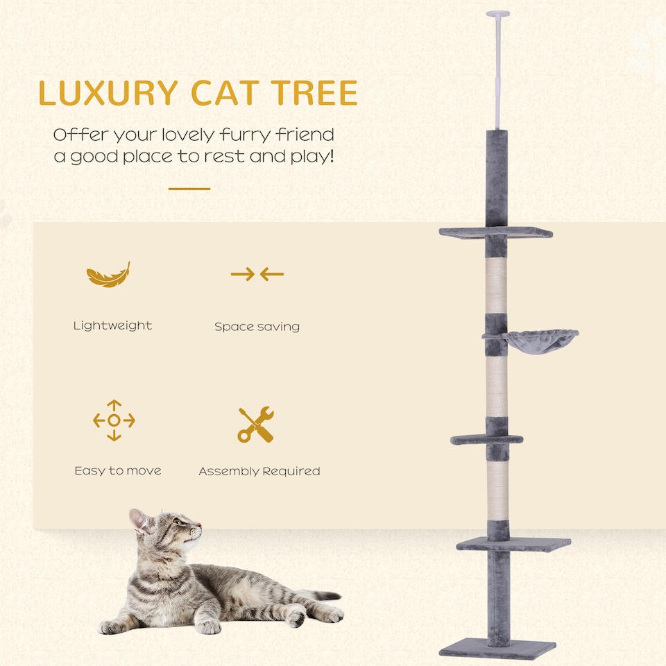 image 1 of PawHut Floor to Ceiling Cat Tree 5-Tier Climbing Tower Scratching Post