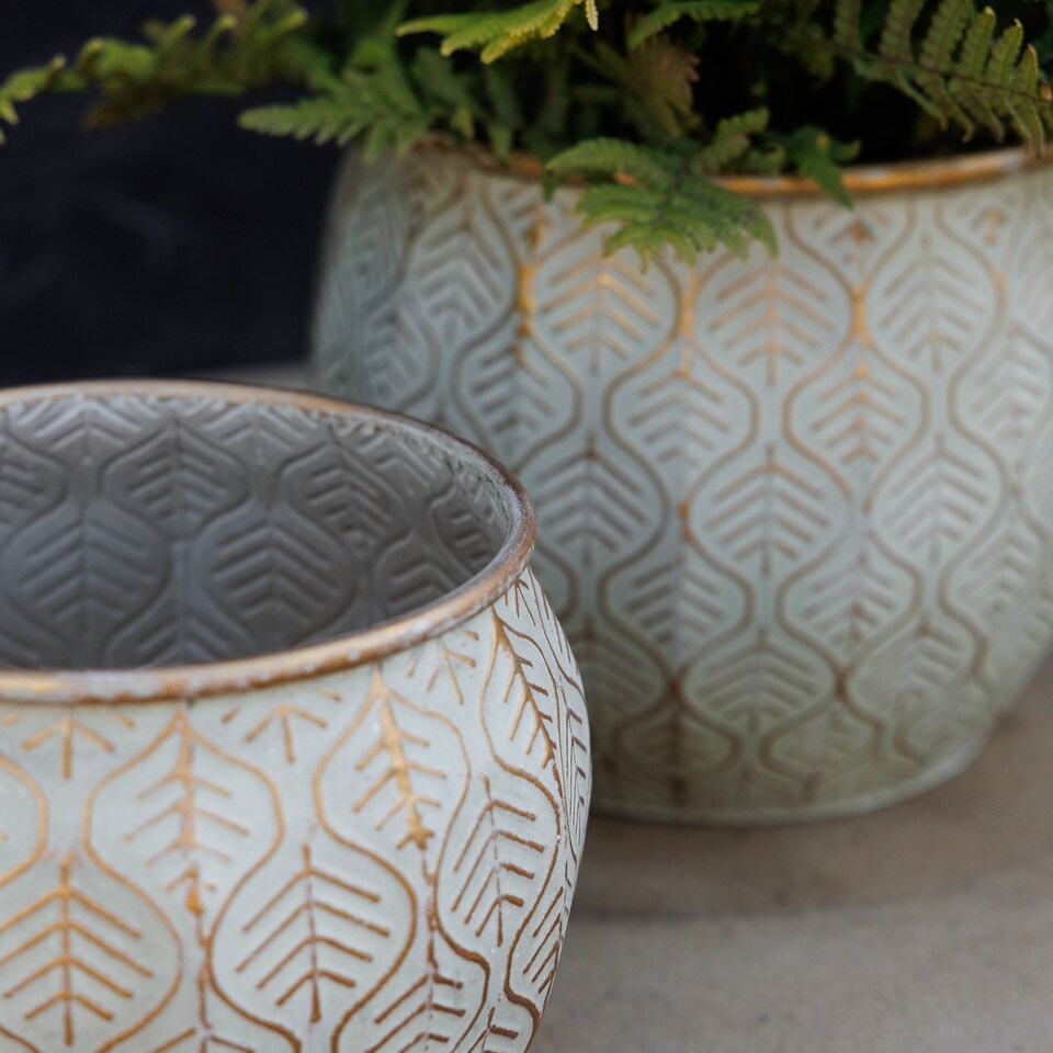 image 1 of Primrose Set of 2 Metal Leaf Design Spherical Decorative Planters in Cream 31cm | Cream | Off White