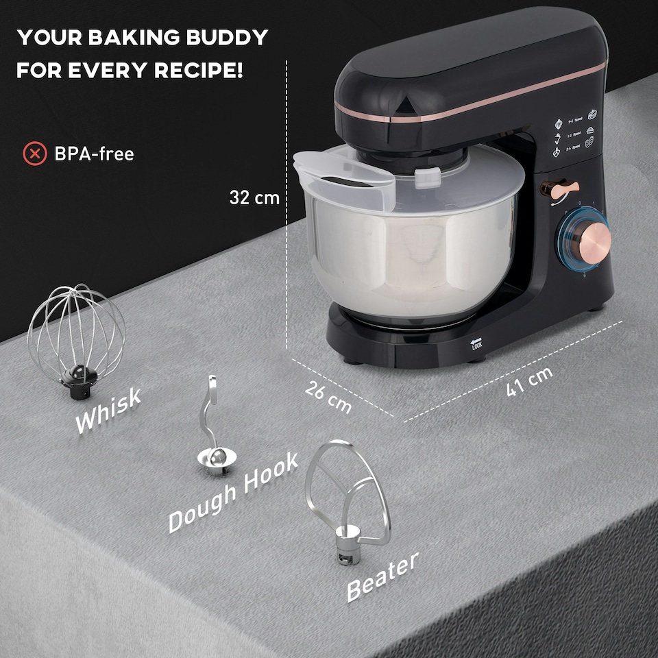 image 1 of HOMCOM Electric Stand Mixer, 5L Food Mixer with Dough Hook, Whisk, Black