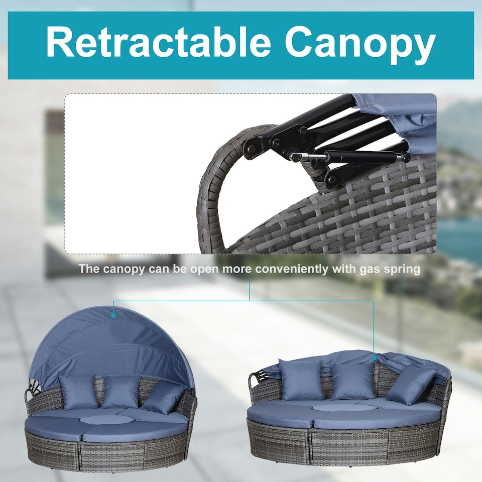 image 1 of Outsunny 4 PCs Cushioned Outdoor Plastic Rattan Round Sofa Bed Table Set Grey
