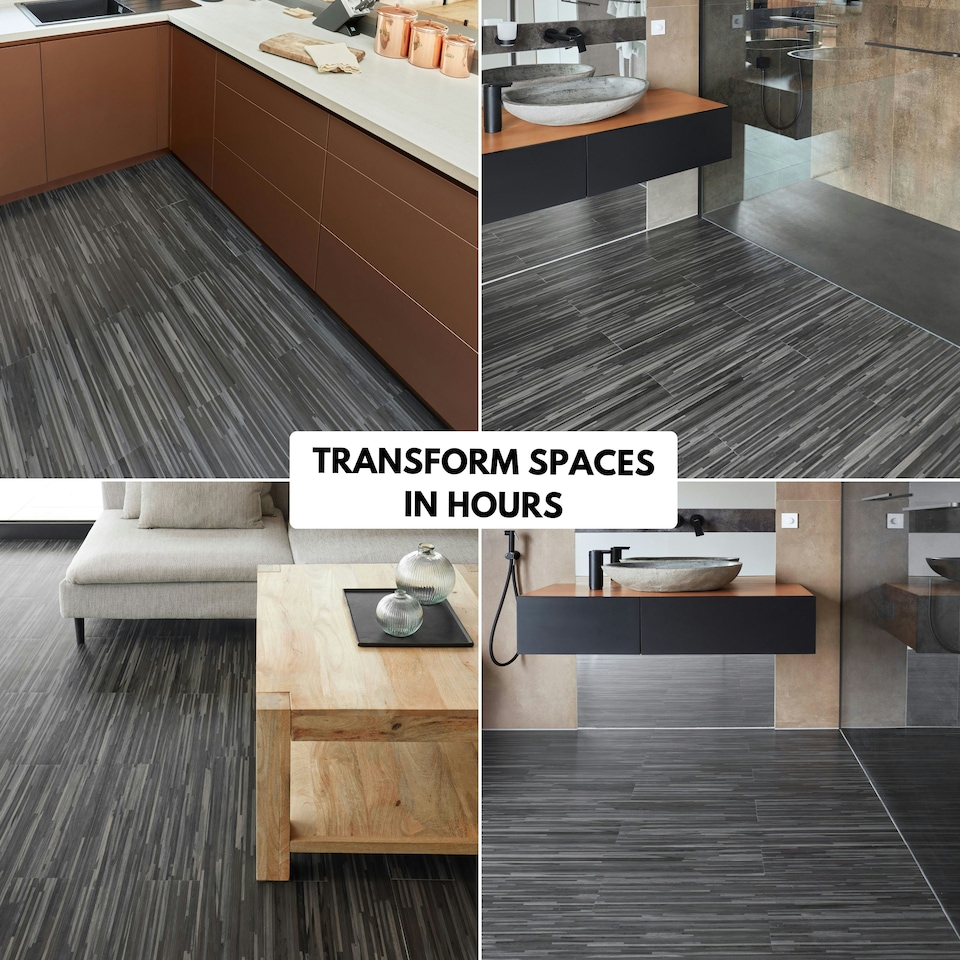 image 1 of NOVECRAFTO Self Adhesive Floor Planks | 36x5.98in (91.4x15.2cm) Each | Peel & Stick Vinyl Flooring | Dark Shadowline Flow Wood Effect | Waterproof DIY Tiles | Black | 4.17 sqm