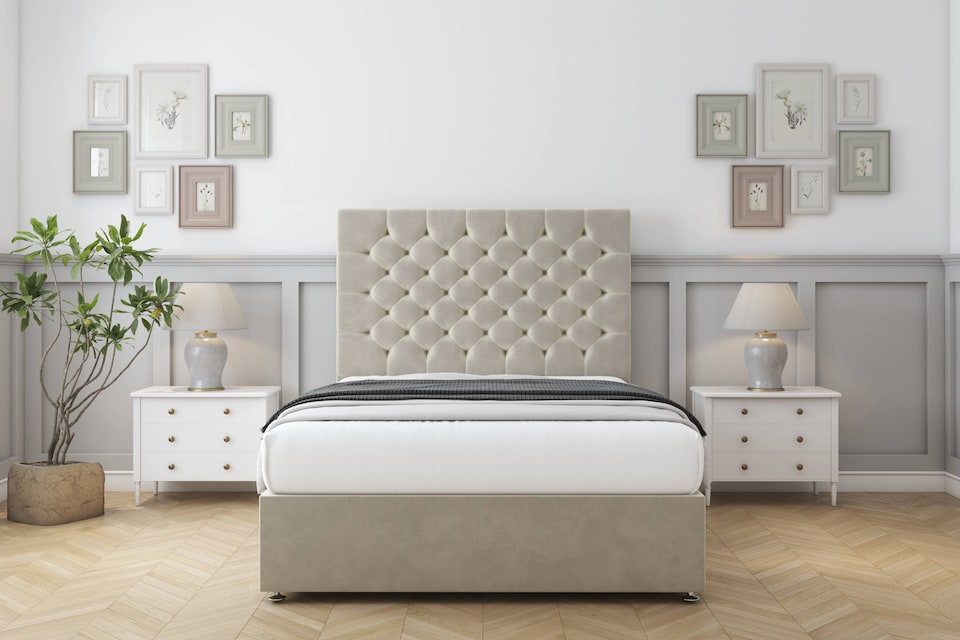 image 1 of Sloomy Mayfair Cream Plush Divan Bed With Mattress 2 Drawers Same Side With 54" Floor Standing Headboard 4'6 Double | Cream | Cream | Double | 1