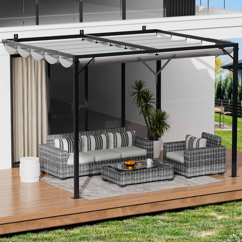 image 1 of Rattantree Lean To Wall Metal Pergola Gazebo With Retractable Canopy 8ft x 8ft