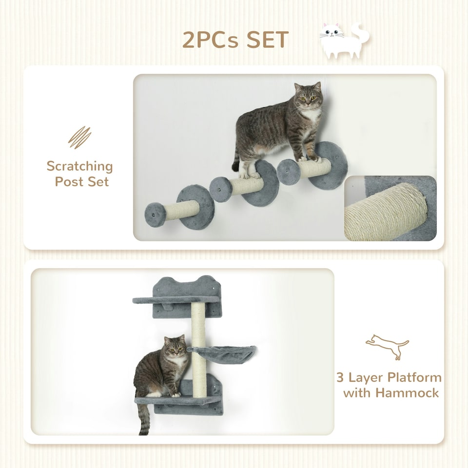 image 1 of PawHut 4pc Cat Shelves Cat Wall Furniture with Steps Scratching Post Grey