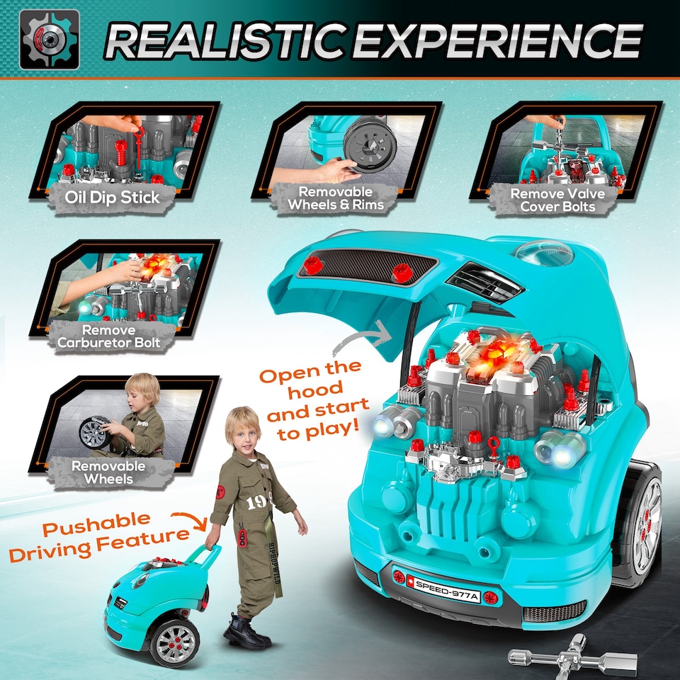 image 1 of HOMCOM Kids Truck Engine Toy Set Toddler Educational Car Service Station with RC Car Key Steering Wheel Horn Light, Mechanic Gifts for Ages 3-5 Years - Teal