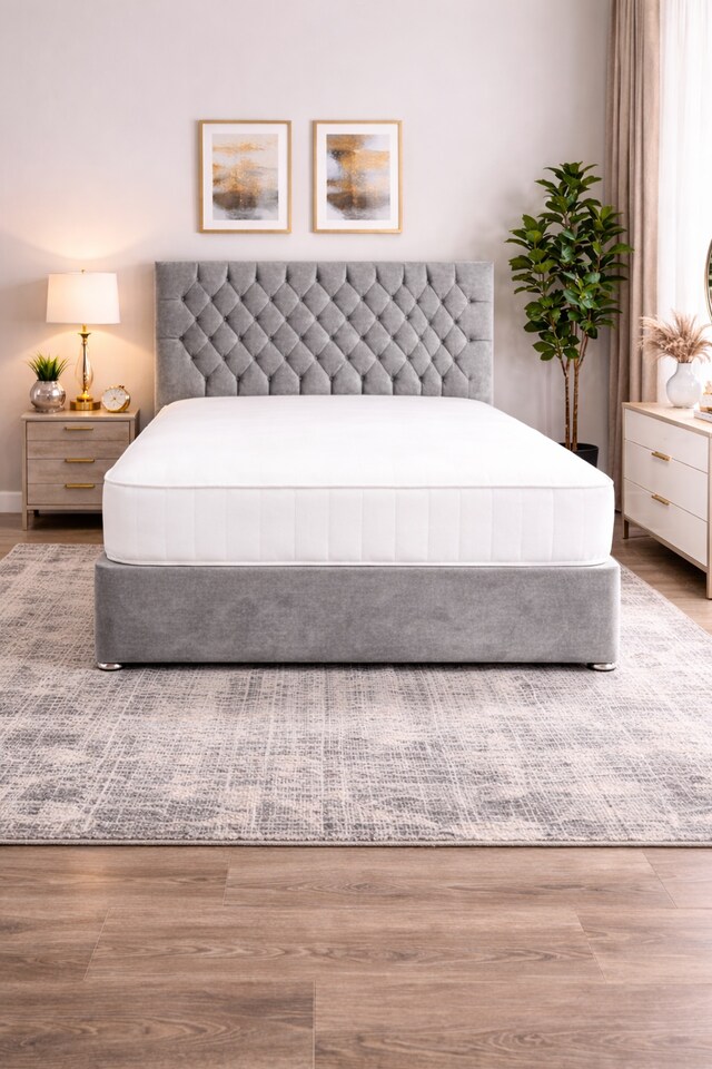 image 1 of 4FT Small Double Misty Silver Coniston Divan Bed Set with Headboard & Orthopedic Mattress No Drawers