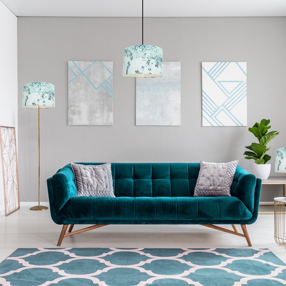 image 1 of Modern Classic Duck Egg and Emerald Green Floral Fabric Shade with Inner Lining | Blue | 12"