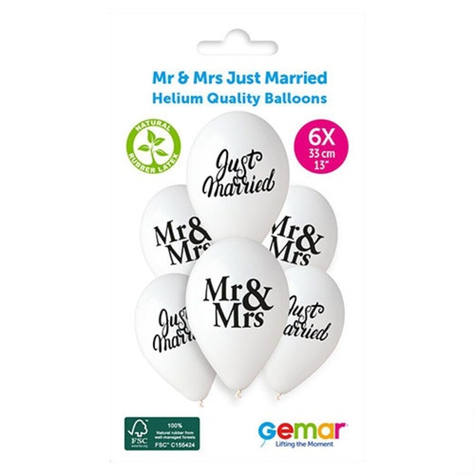 image 1 of Mr & Mrs Just Married White Latex Balloons 33cm / 13 in - Pack of 6