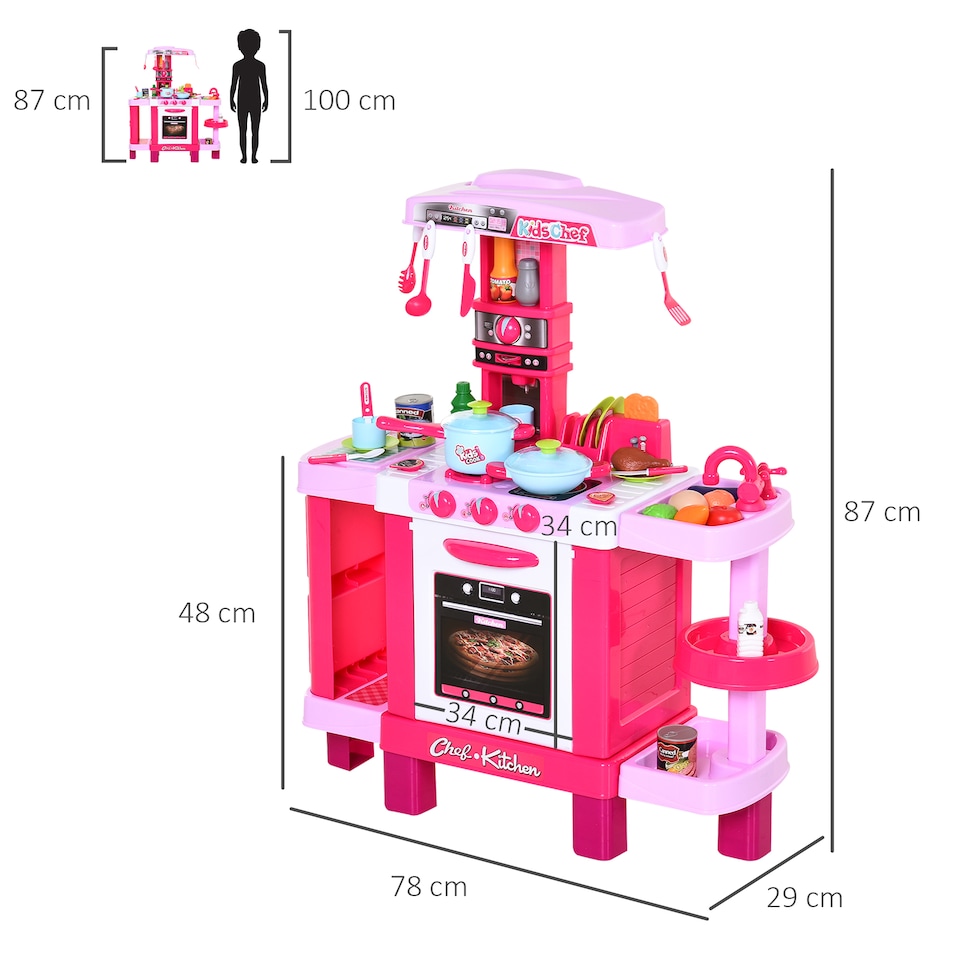 image 1 of HOMCOM 38-Piece Children's Kitchen Play Set w/ Realistic Sounds Lights Food Pink