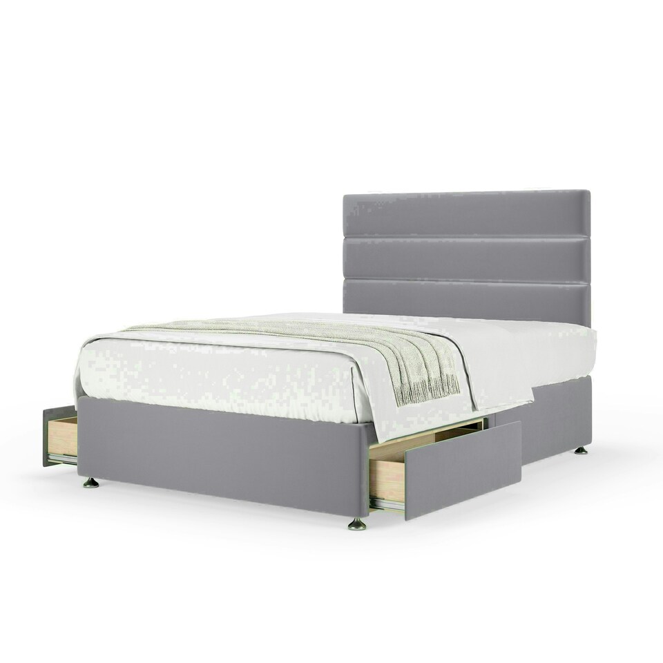 Silver Plush Velvet 2 Drawer Divan Base and Milan Headboard Small Double