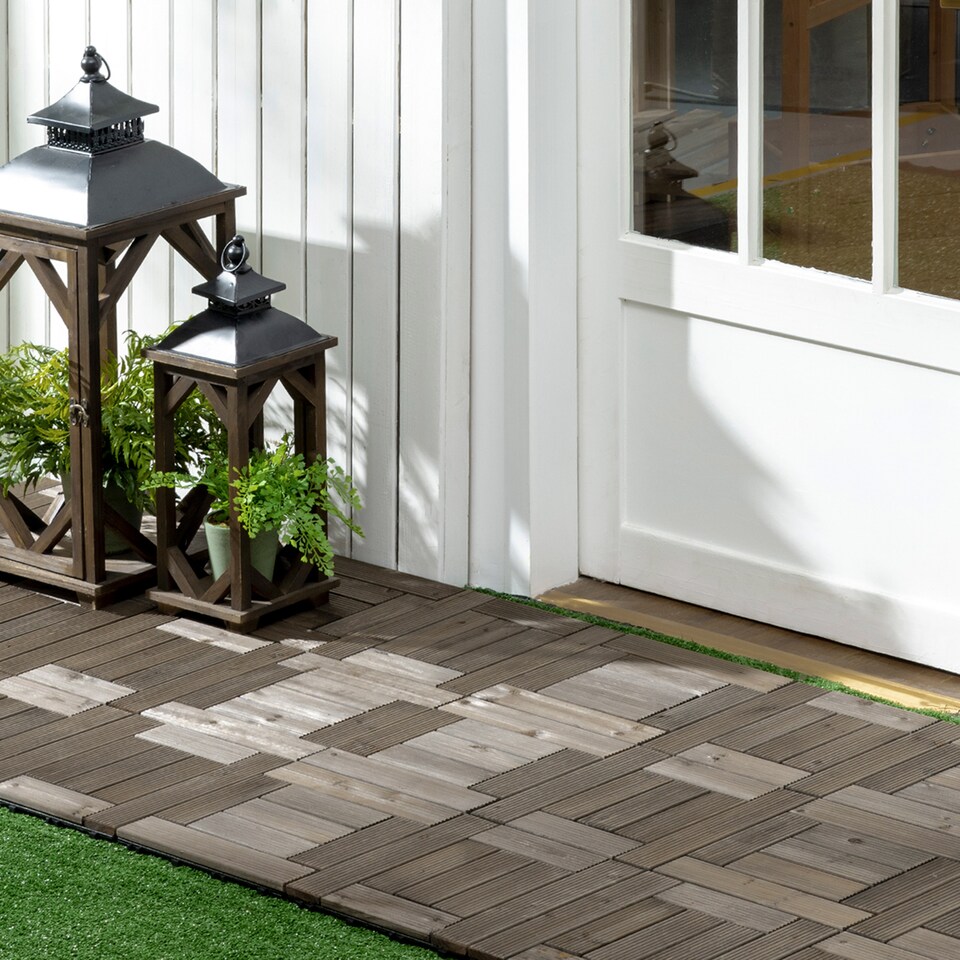 image 1 of Outsunny 27 Pcs Wooden Interlocking Decking Tiles, 30 x 30 cm per piece, Grey