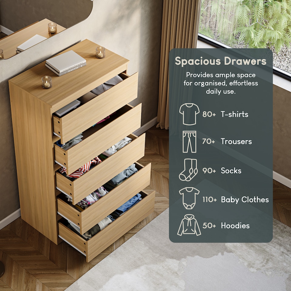 image 1 of Vida Designs Denver 5 Drawer Chest of Drawers Bedroom Storage, Pine