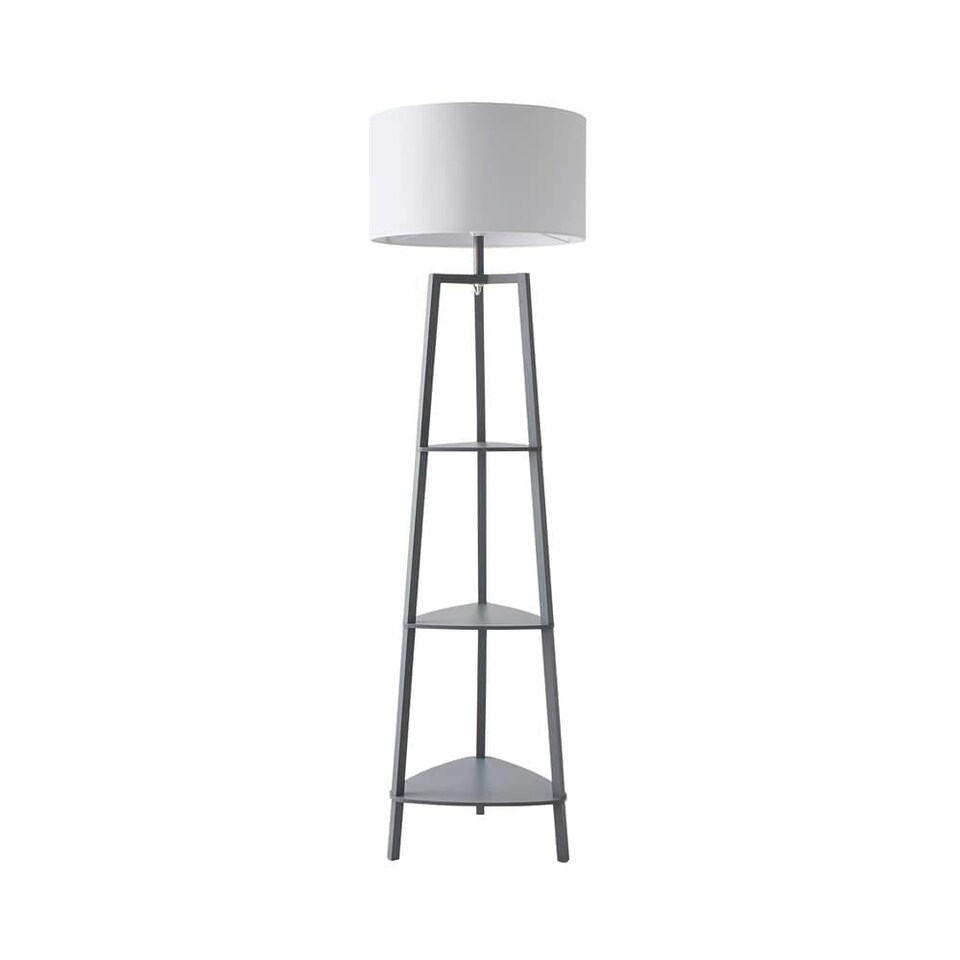 image 1 of ValueLights Hiru Grey 3 Tier Shelf Floor Lamp White Shade & Bulb | Grey