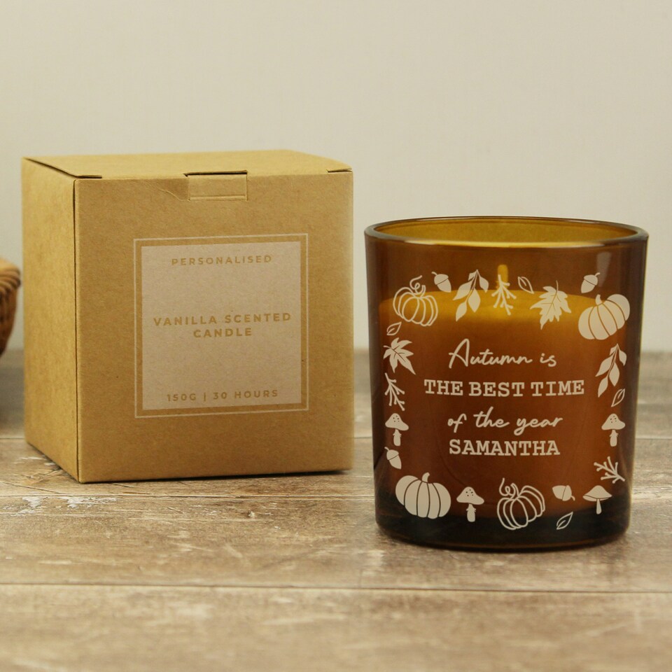 image 1 of Personalised Pumpkins Amber Glass Candle Brown