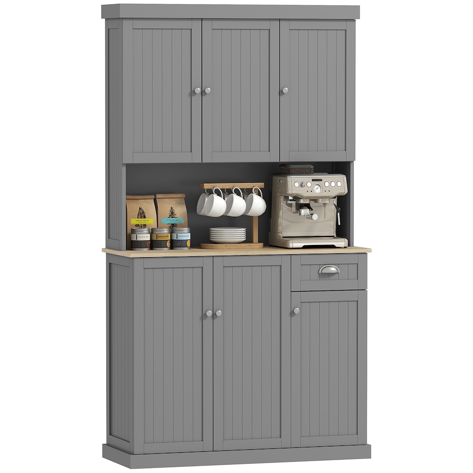 image 1 of HOMCOM 180cm Kitchen Cupboard with 6 Doors, Modern Kitchen Storage Cabinet with Microwave Oven Countertop, Drawer, Adjustable Shelves and Cable Hole, Grey | Grey | Grey