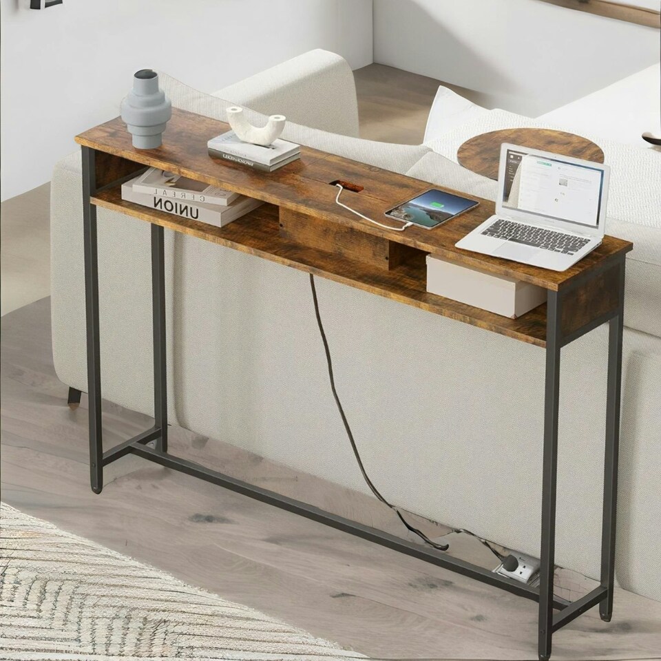 image 1 of Hallway Console Table With Charging Station Rustic Brown Brown