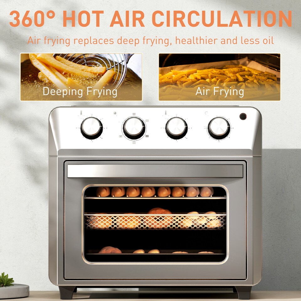 image 1 of HOMCOM 24L Air Fryer Oven, Mini Oven, Oil Free Cooking, Grill, Roast, Bake, with Adjustable Temperature, Timer, Touch Screen, Dishwasher Safe, 1600W, Silver