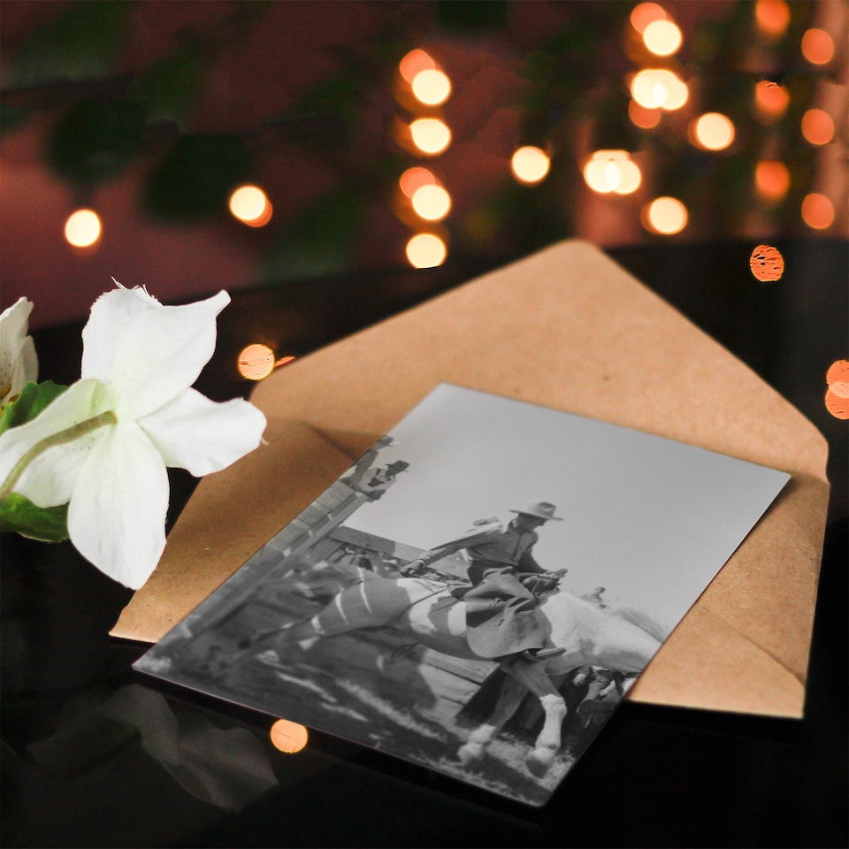 image 1 of Russell Lee Cowboy at Bean Day Rodeo Action Shot Art Greeting Card