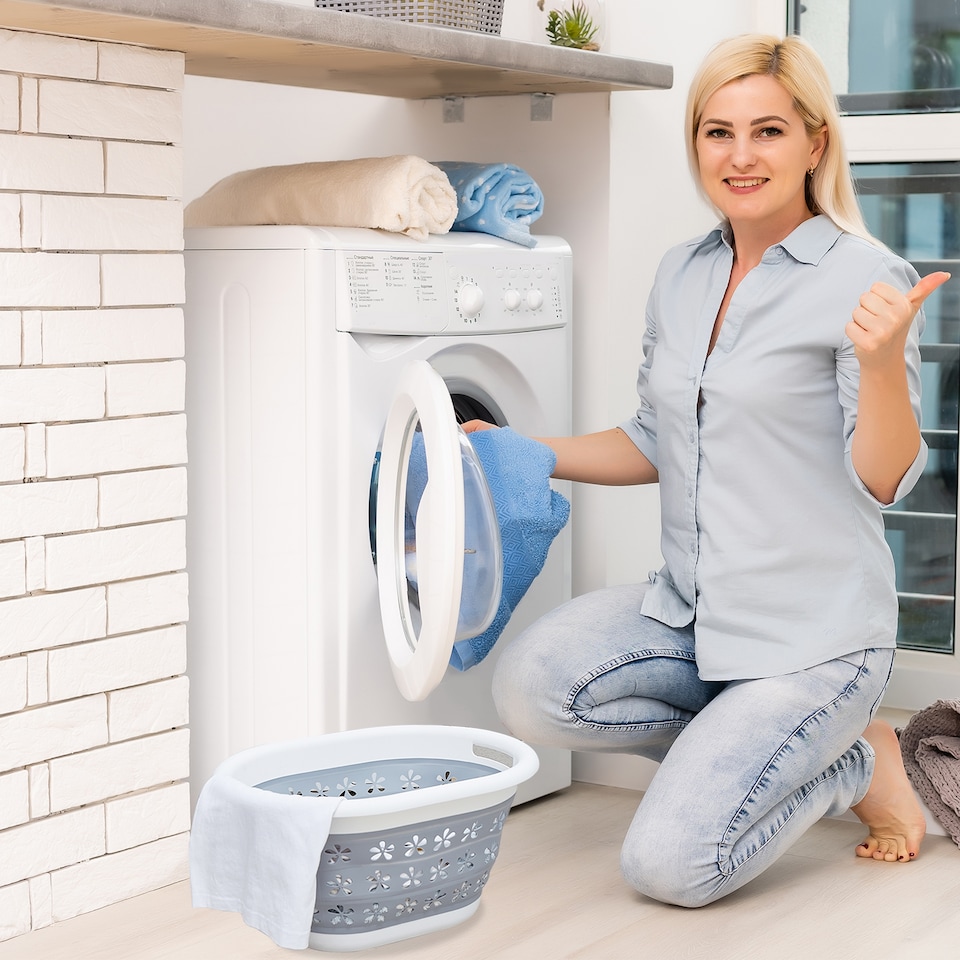 image 1 of 16L Collapsible Plastic Laundry Basket, Foldable Laundry Hamper