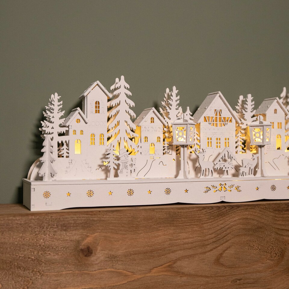 image 1 of 15cm Battery Operated Light up Wooden House Scene with 15 Warm White LEDs