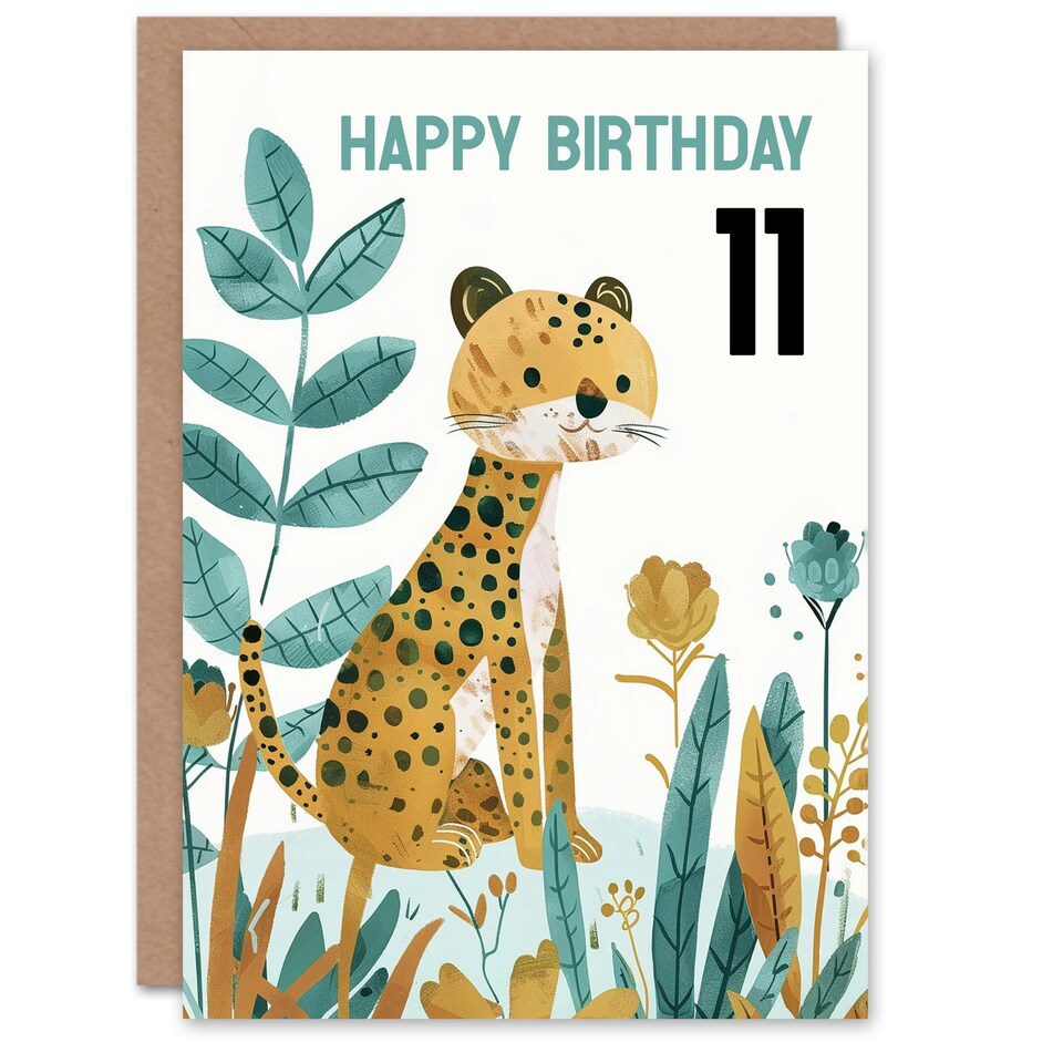 image 1 of Cute Cheetah Jungle Plants Fun Kids Age 11 Year Old Kids 11th Birthday Card