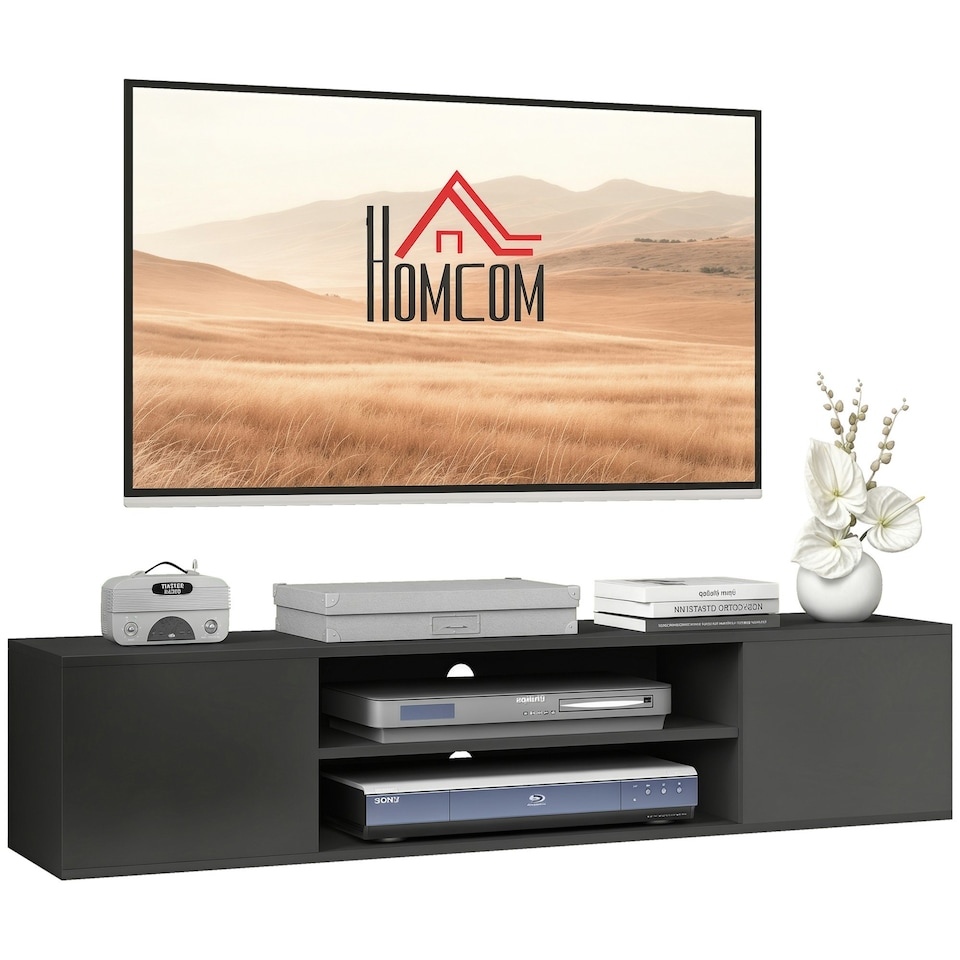 image 1 of HOMCOM Floating TV Unit for 60" TVs W/ Shelves and Cabinets, Grey