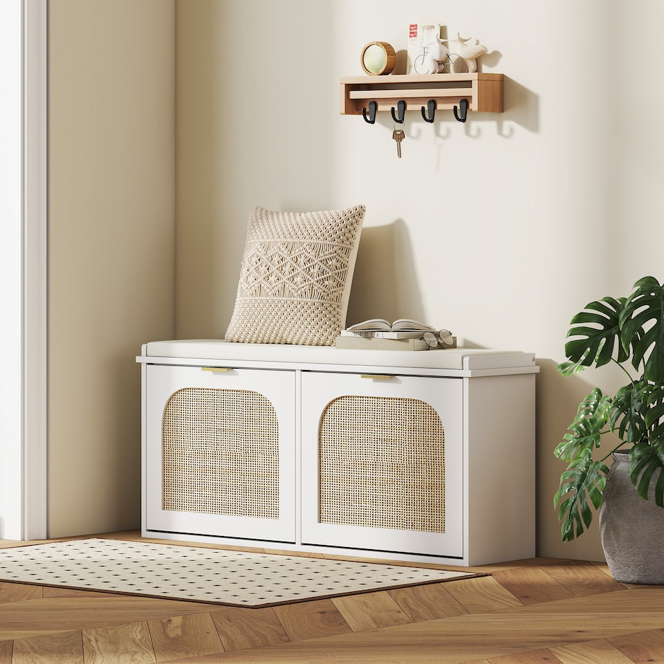 image 1 of HOMCOM Boho Shoe Bench with Padded Seat and 2 Flip-Drawers, White | White | White