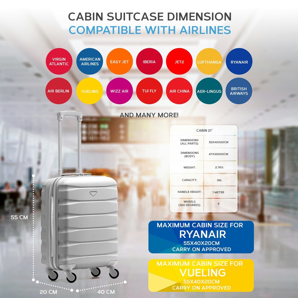 image 1 of 55x40x20cm Ryanair (Priority) TUI, Carry on Cabin Suitcase Hard Shell Approved for 60+ Airlines Silver | Silver | Cabin Bag