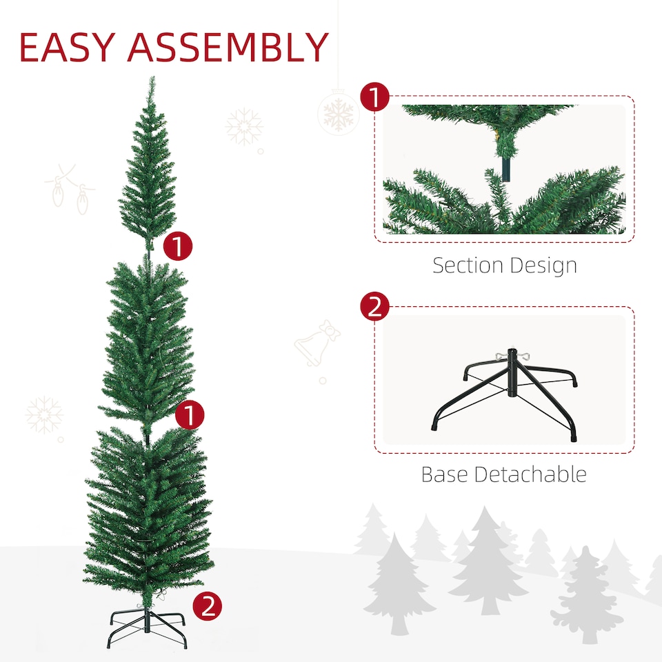 image 1 of HOMCOM 7.5ft Prelit Pencli Artificial Christmas Tree, Slim Xmas Tree with 200 Colourful LED Lights, Steel Base  Green