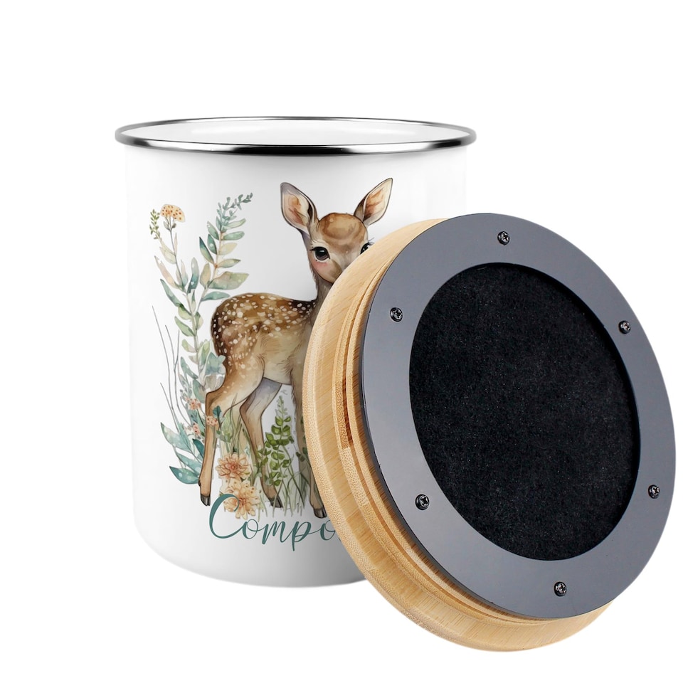 image 1 of Floral Deer Compost Caddy - Metal 2L Decorative Kitchen Food Waste Bin
