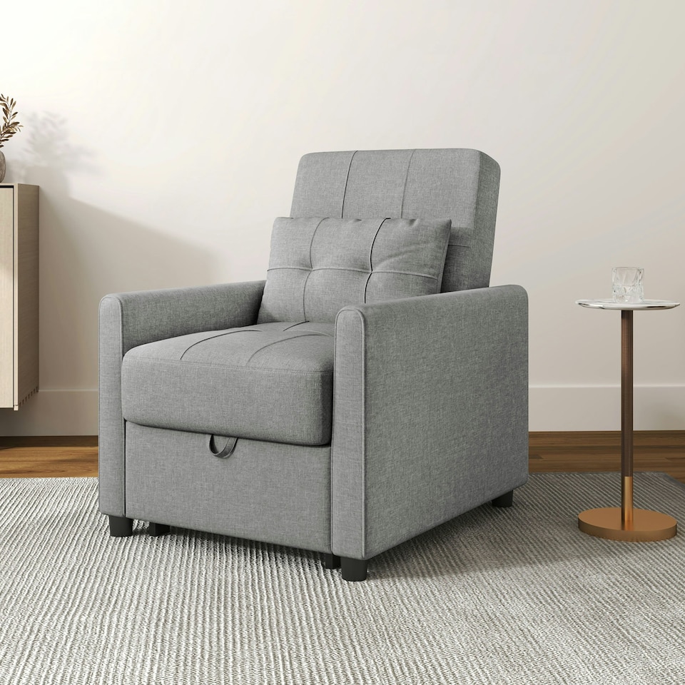 image 1 of HOMCOM Pull Out Chair Bed, Sleeper Chair with Pillow, Side Pockets, Light Grey