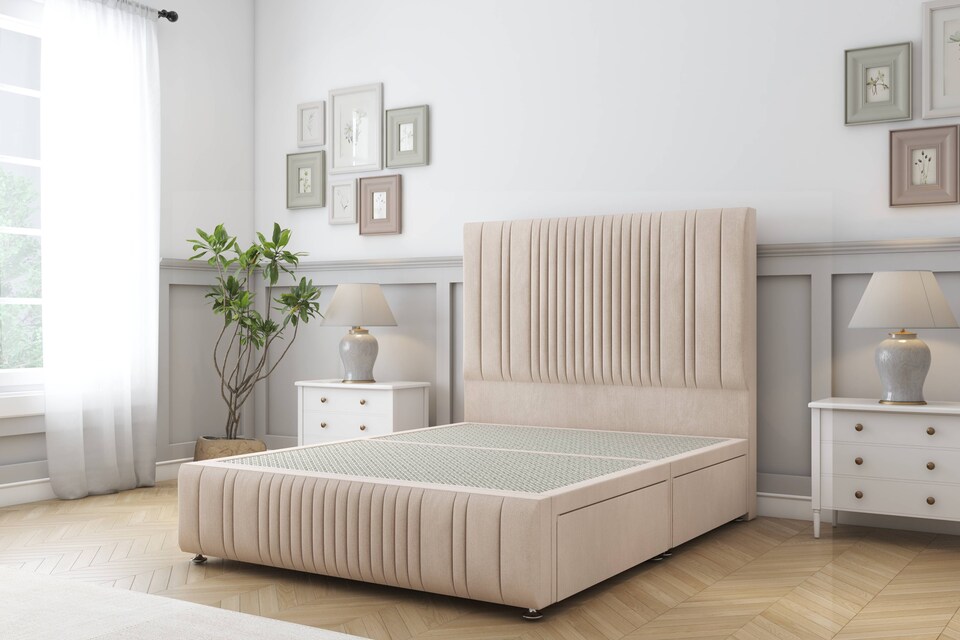 image 1 of Sloomy Kingsley Sand Naples Divan Bed Base 2 Drawers Left Side With 54 Inch Floor Standing Headboard & 12 Inch Matching Footboard | Cream | Sand | Super King | 1