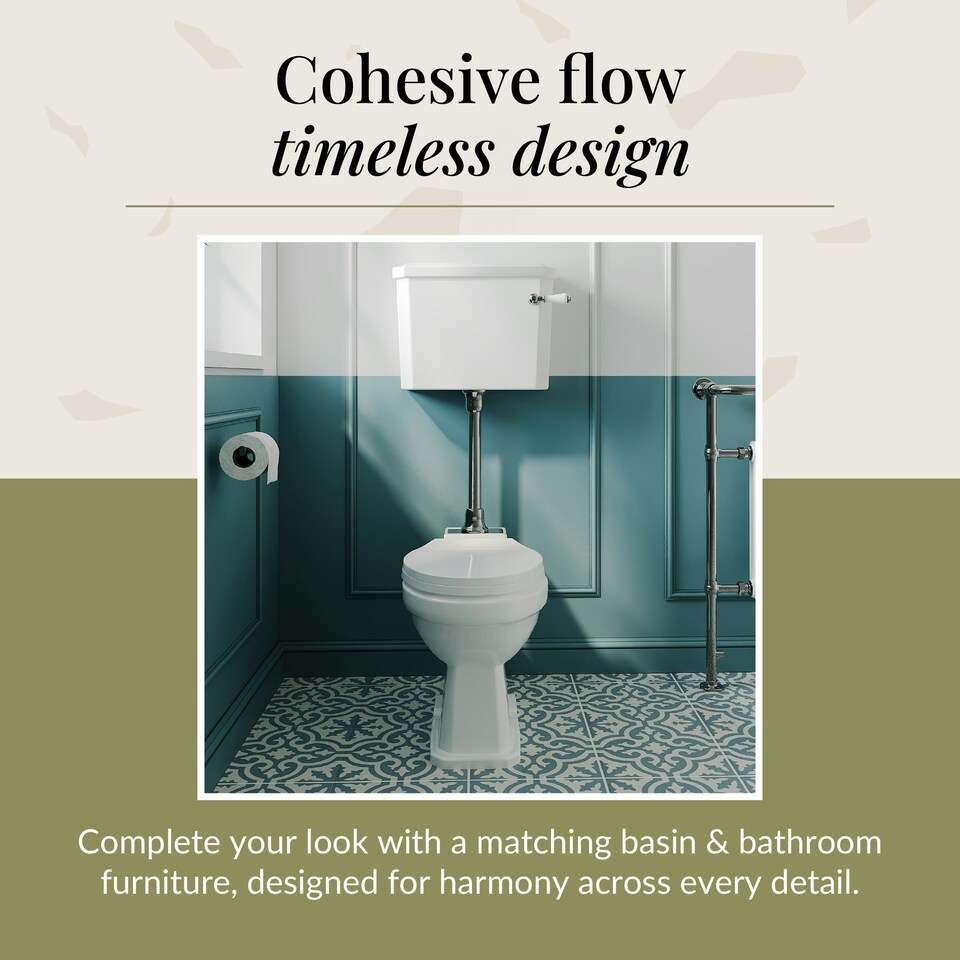 image 1 of Kinston Traditional Mid Level Toilet Pan, Cistern, Ceramic Handle & Soft Close Seat - White - Balterley