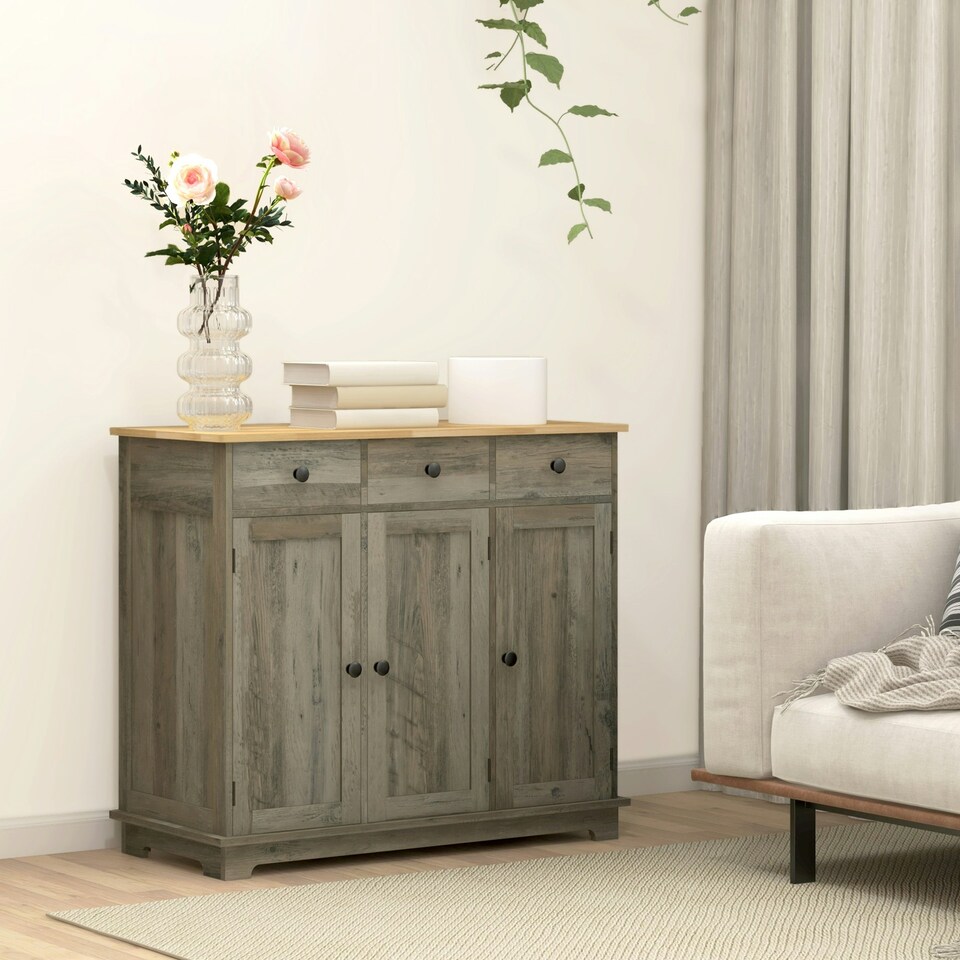 image 1 of HOMCOM Sideboard Buffet Cabinet with Rubber Wood Top and Drawers, Grey 