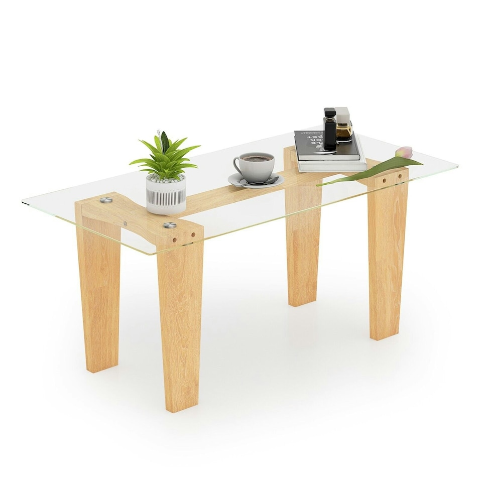 image 1 of COSTWAY Rectangle Coffee Table Tempered Glass Top Center Table Brown