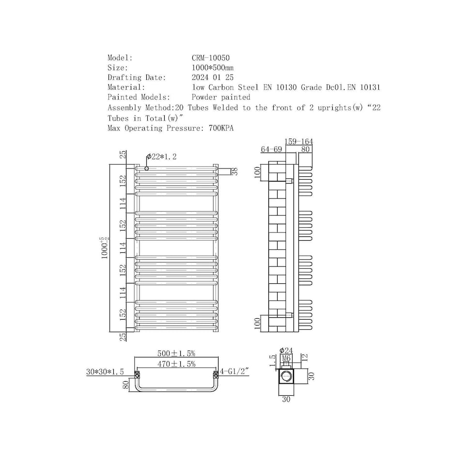 image 1 of Crossmoor Heated Towel Bathroom Radiator - Polished Brass - (H) 1000mm x (W) 500mm