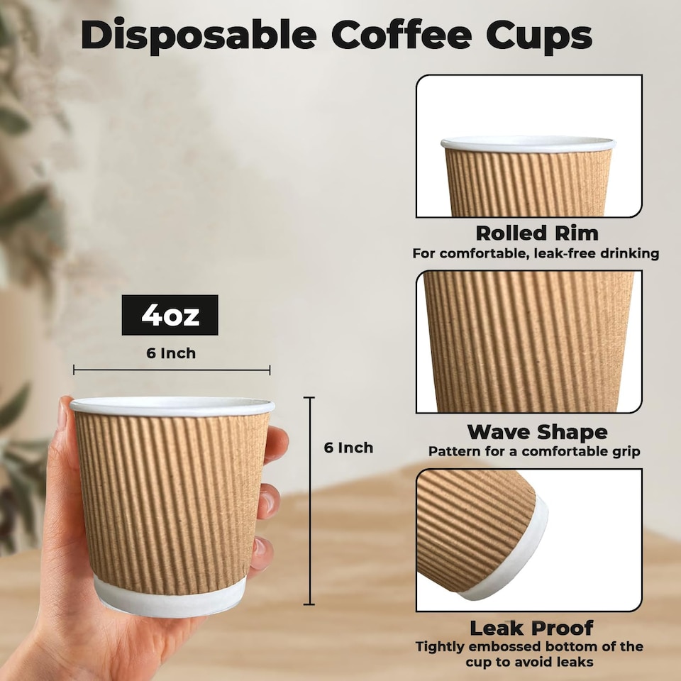 image 1 of ECONX 4oz Disposable Coffee Cups 3-PLY Insulated Ripple Wall Takeaway Paper Cups 100pc