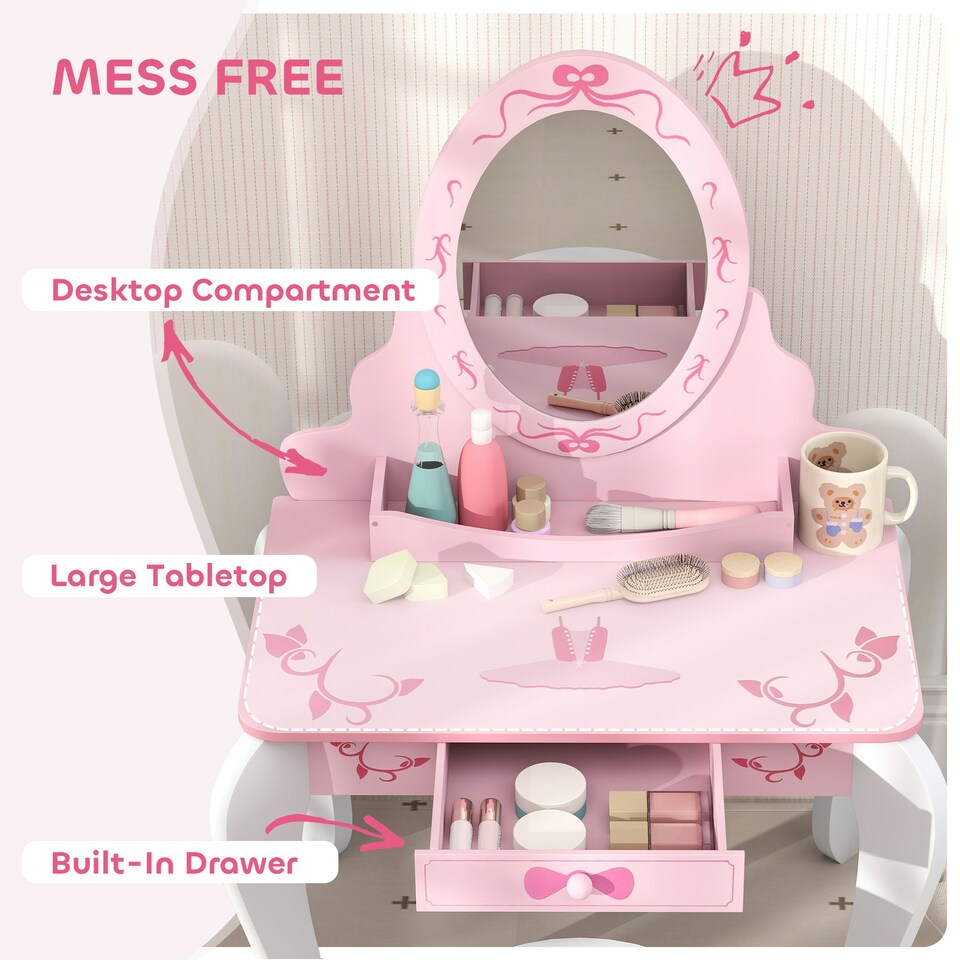 image 1 of AIYAPLAY Kids Dressing Table Set, 2 PCS Children Vanity Table with Stool Pink